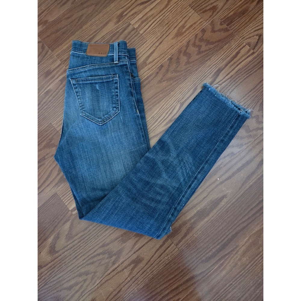 ABLE High Rise Skinny Jeans Womens 25 Blue Distressed Ripped Raw Hem Denim